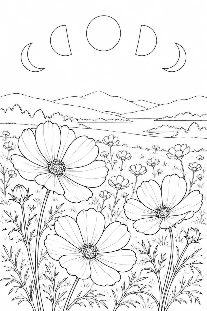 コスモスの花畑と月の満ち欠けの塗り絵