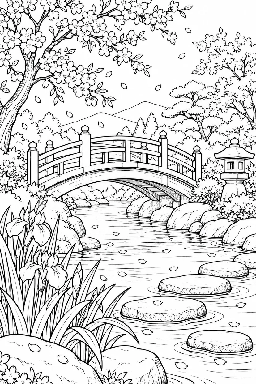春の小川の橋めぐりの塗り絵