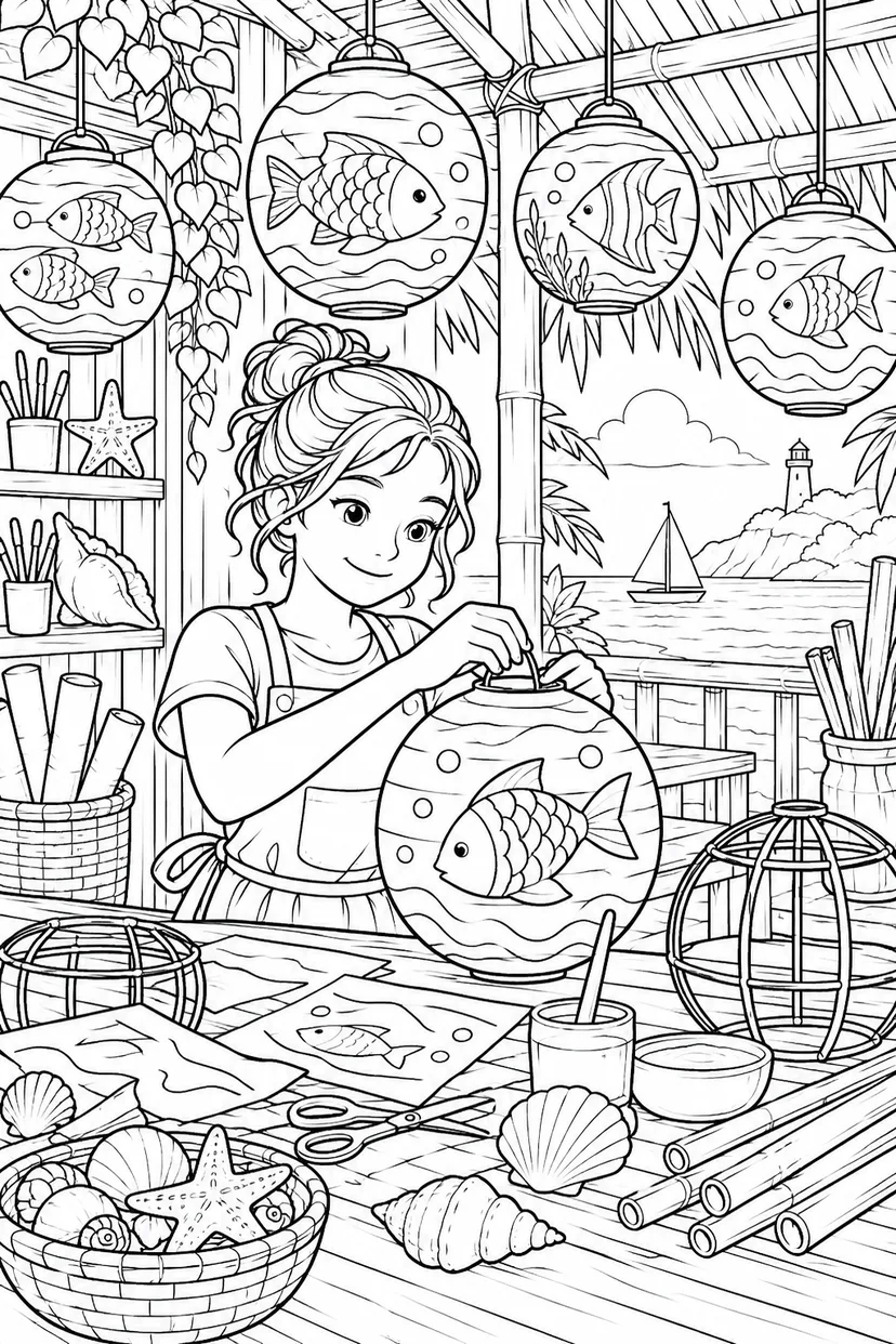 夏のランタンづくりのアトリエの塗り絵