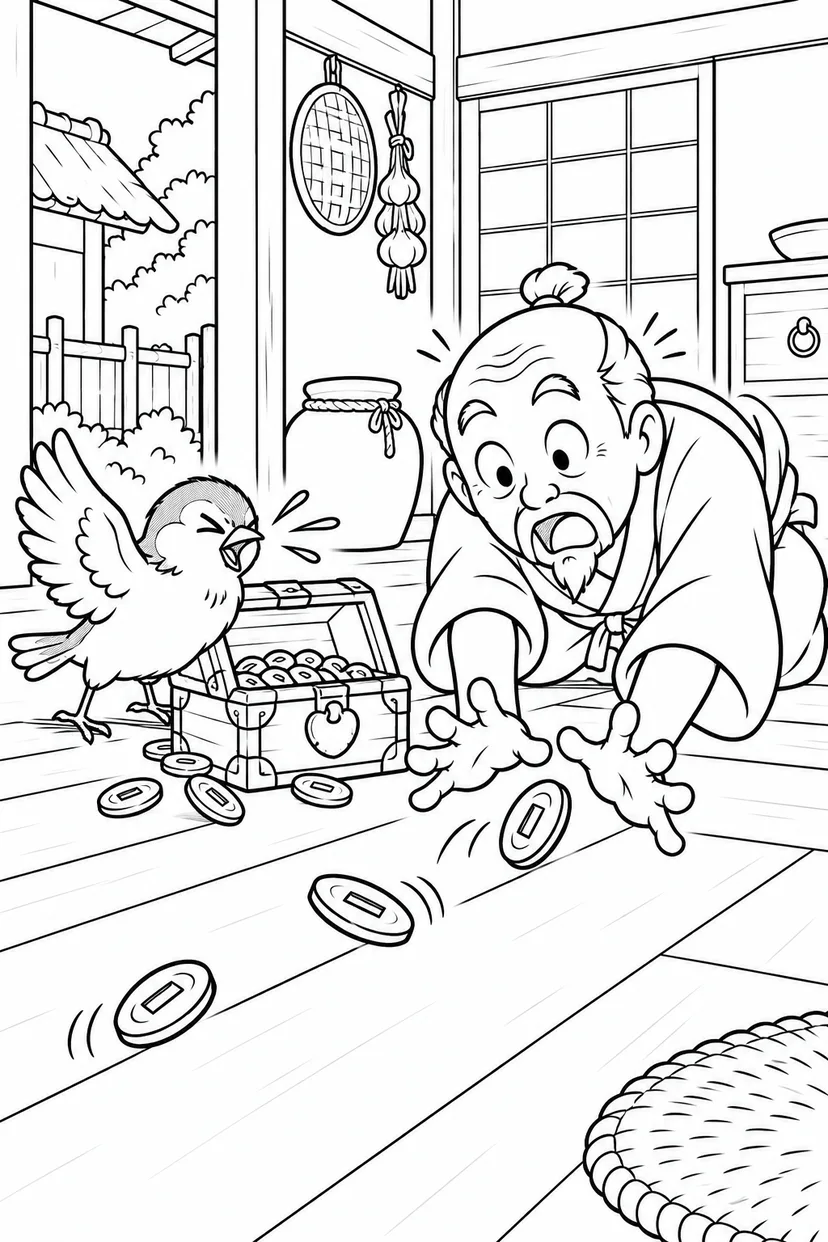 したきりすずめ：くしゃみで小判がころころの塗り絵