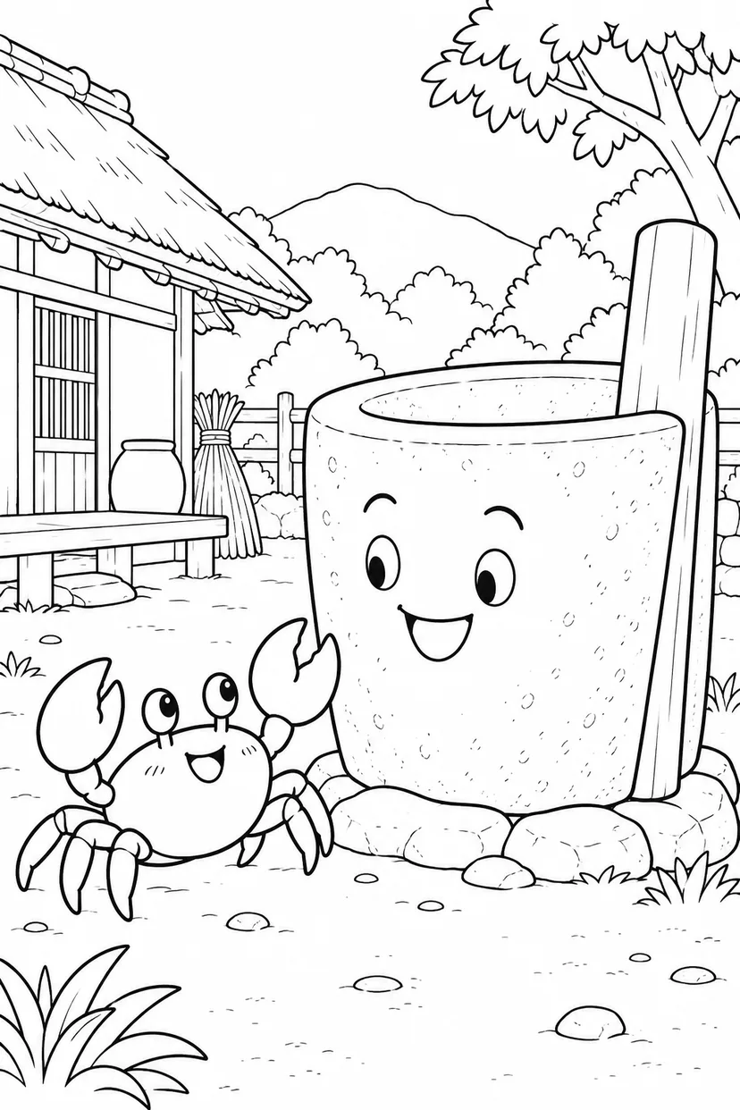 さるかに合戦 ほっこり：かにと石臼の出会いの塗り絵