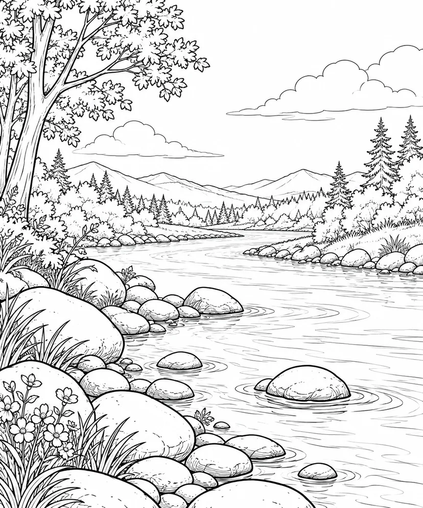 自然のひとこま：丸い石のある川の曲がり角の塗り絵
