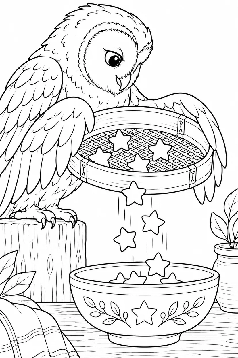 星砂をふるうフクロウの塗り絵
