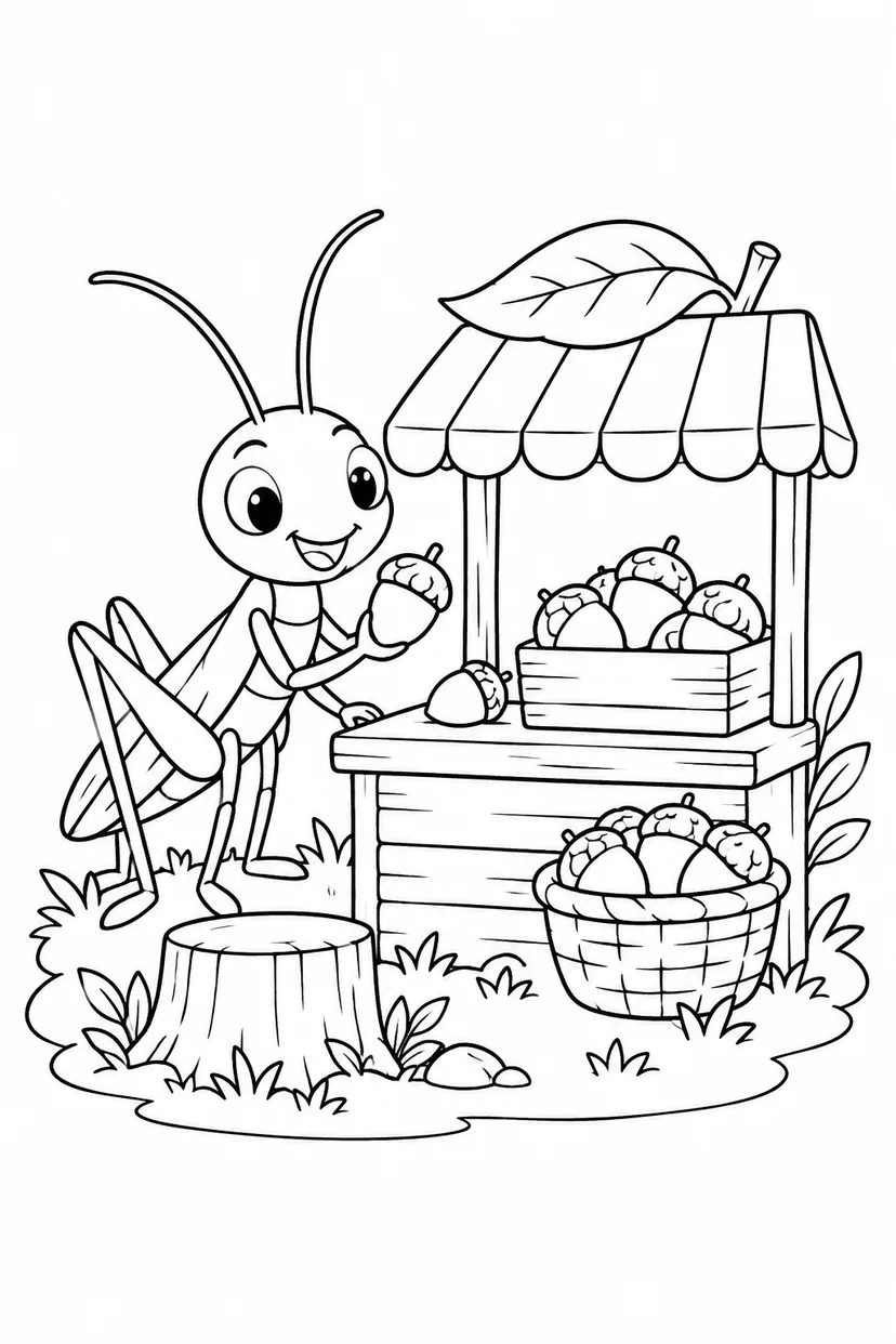 コオロギとどんぐりの屋台の塗り絵
