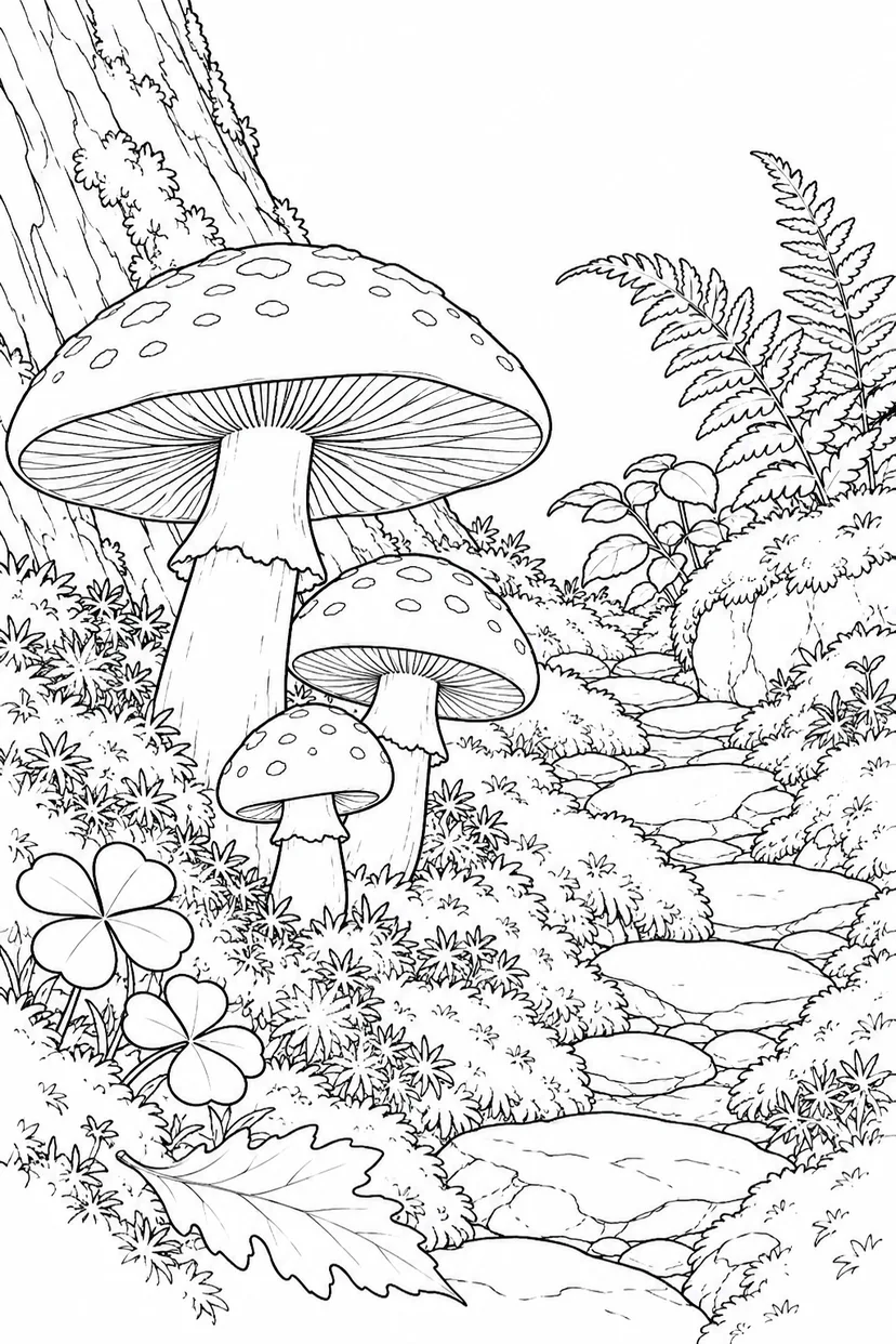 観察スケッチ：きのこと苔の小道の塗り絵