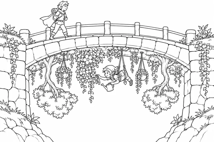 石橋の下の逆さまの庭の塗り絵