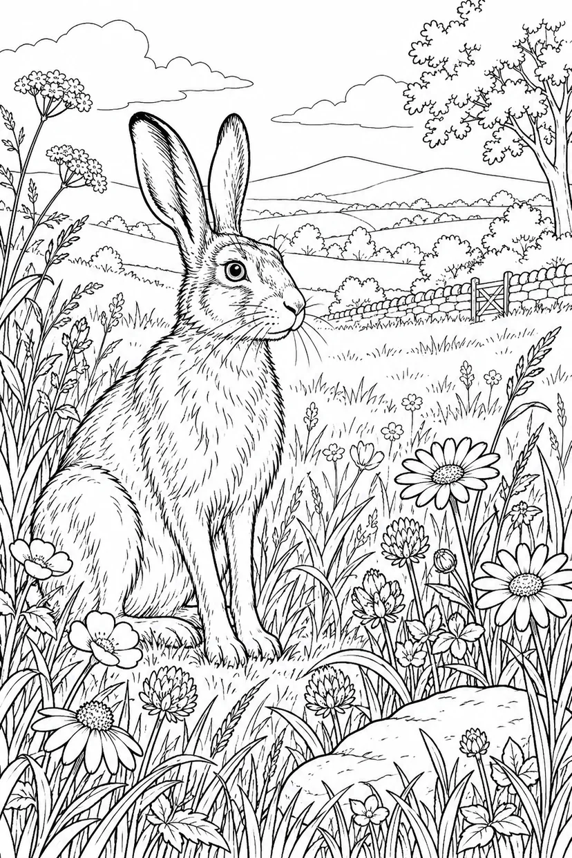 自然のひとこま：ノウサギと草原の花の塗り絵