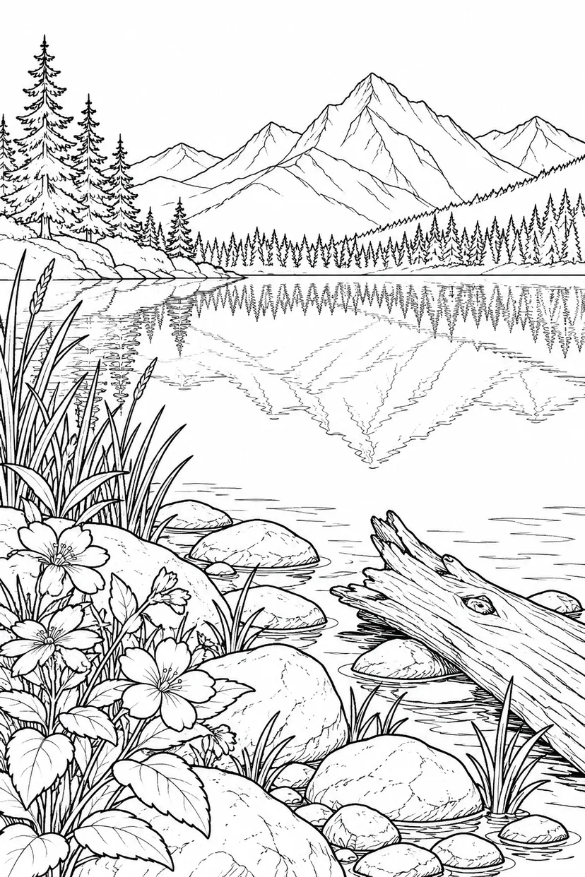 観察スケッチ：山を映す静かな湖の塗り絵