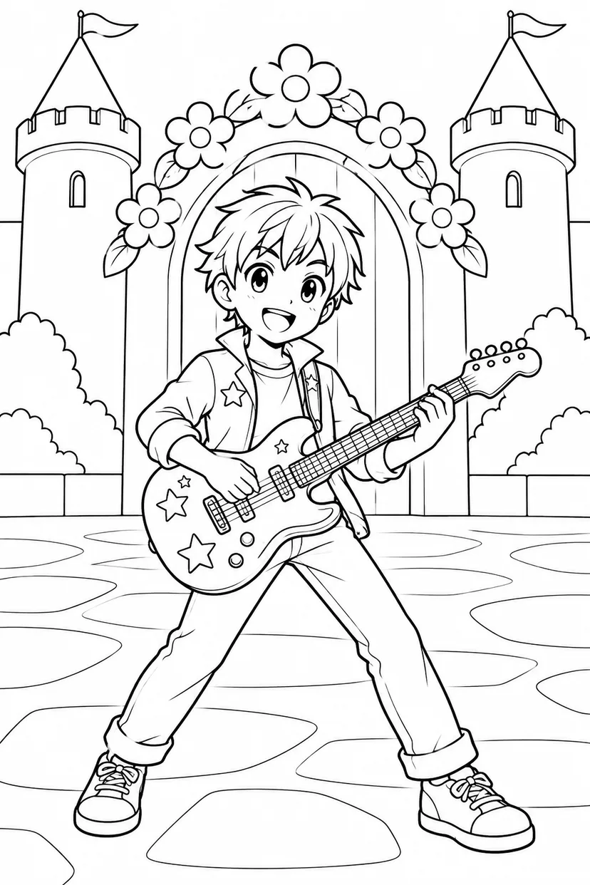 ギターを弾くアイドル — 花のお城の塗り絵