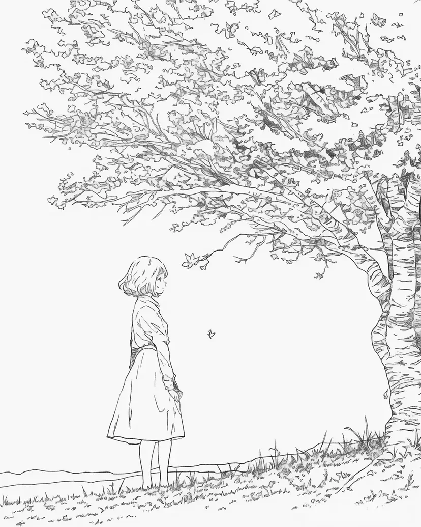 木の下の少女の塗り絵