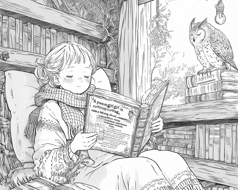 Coloriage Fille Lisant avec un Hibou