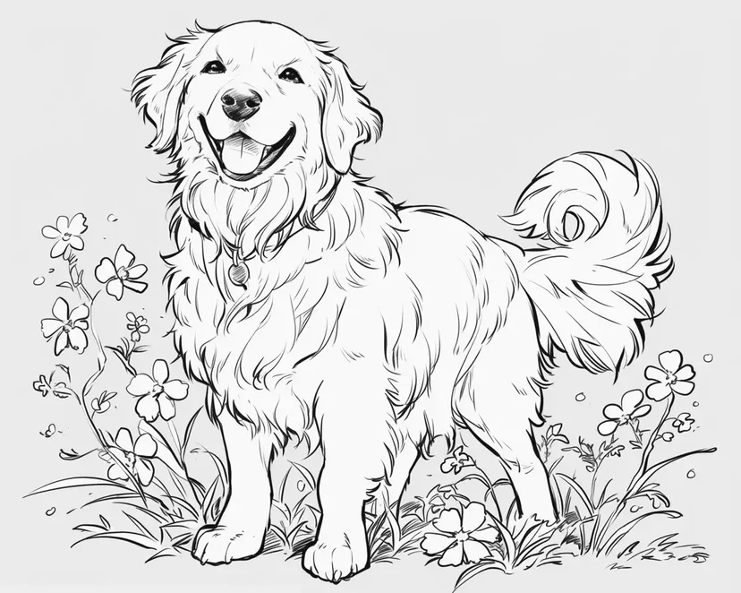 Dibujo de Perro Sonriente en un Campo de Flores para colorear