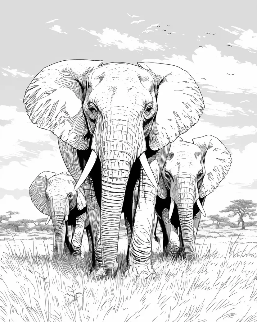 雄大なゾウたちの塗り絵