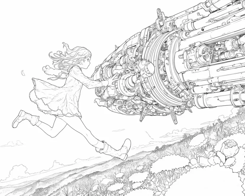 少女と巨大な機械の塗り絵