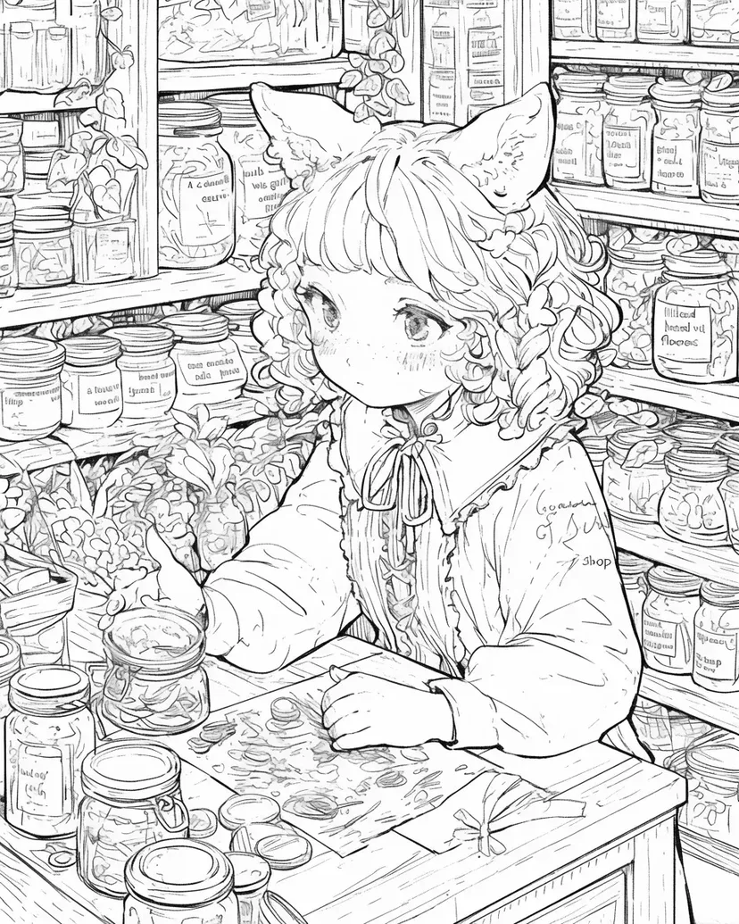 Coloriage La Fille dans la Boutique d'Ingrédients Magiques