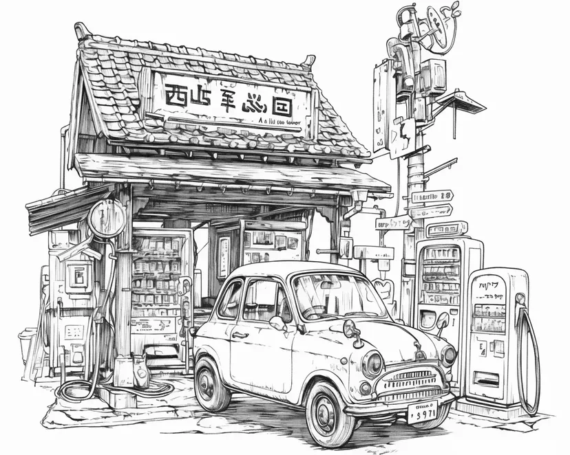 昔のガソリンスタンドの塗り絵