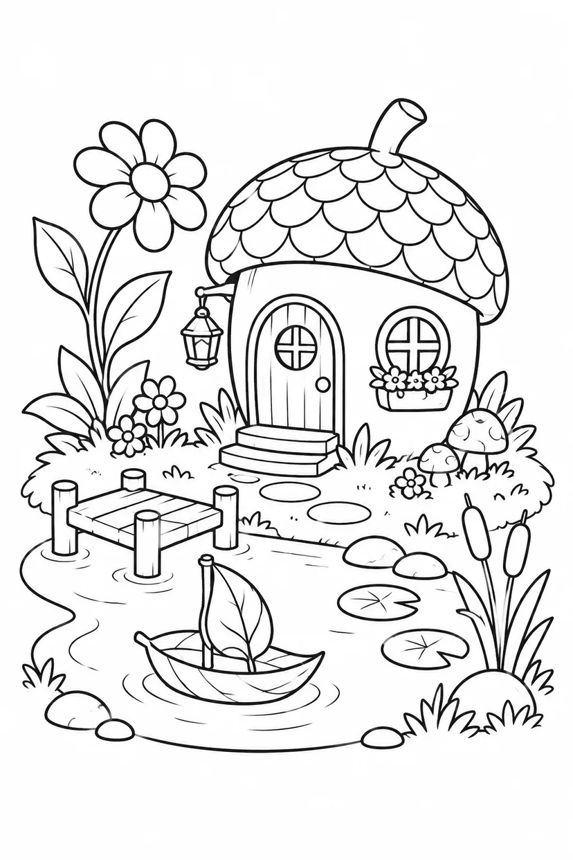 どんぐりのおうちの池の庭の塗り絵