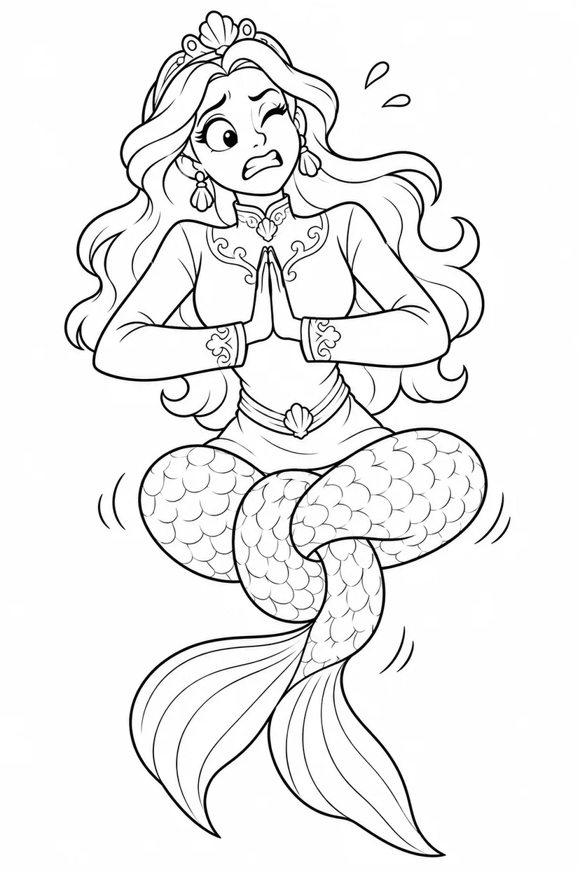 人魚姫：ヨガで尾びれが結び目にの塗り絵