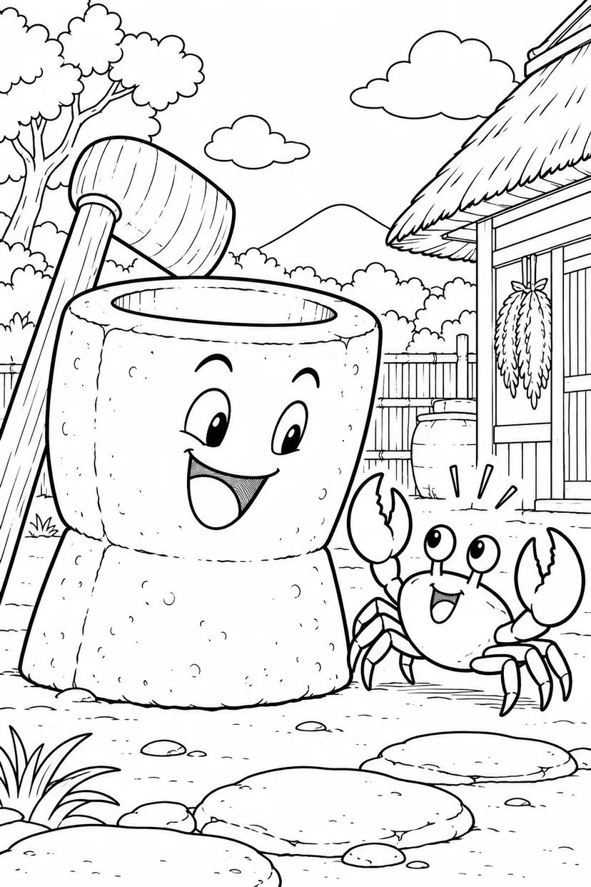 さるかに合戦 ギャグ：かにと石臼の出会いの塗り絵