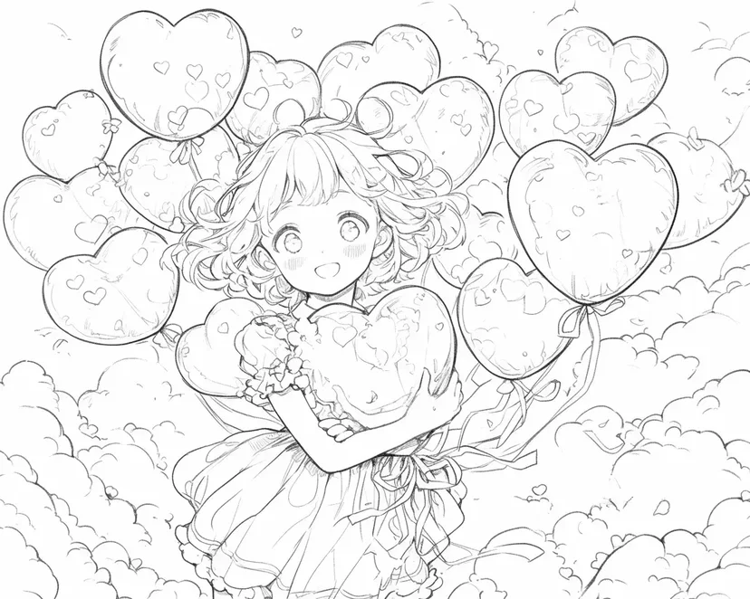 Dibujo de Niña con Globos de Corazón para colorear