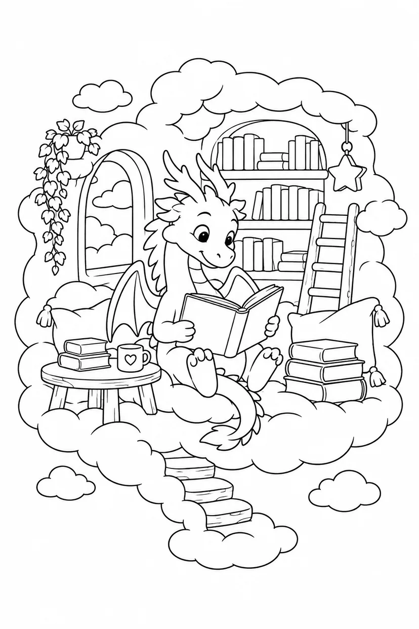 雪のドラゴンと雲の図書館の塗り絵