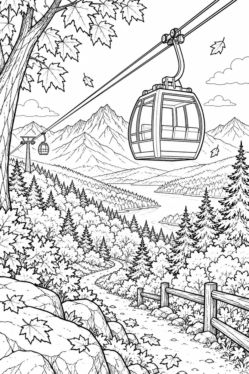 秋のロープウェイの山旅の塗り絵
