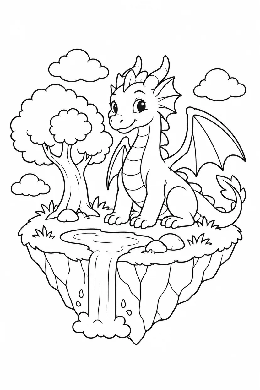 雪のドラゴンと浮かぶ島の塗り絵