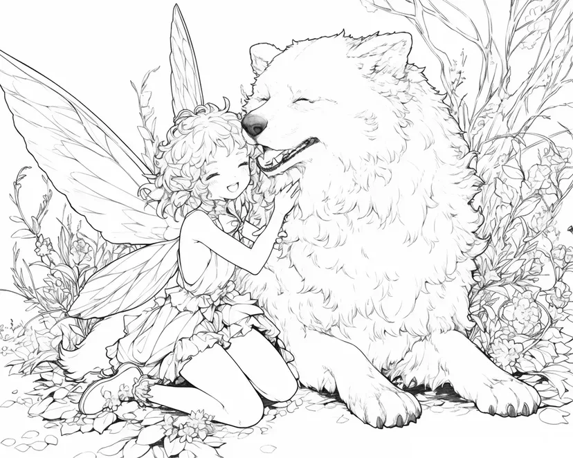 妖精と大きな狼の友情の塗り絵