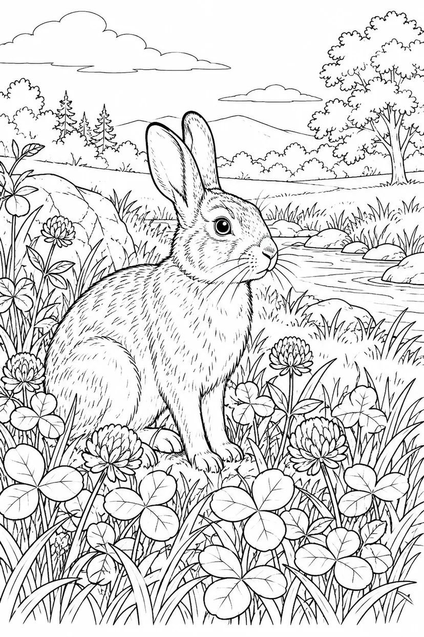 自然のひとこま：野うさぎとクローバーの塗り絵