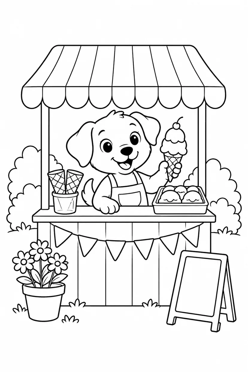 こいぬのアイス屋さんの屋台の塗り絵