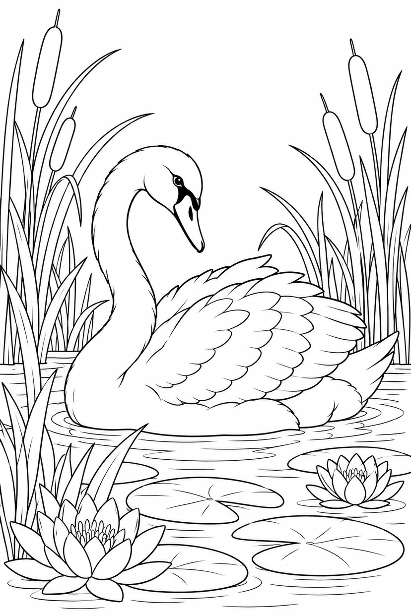 葦の間で羽を休める白鳥の塗り絵