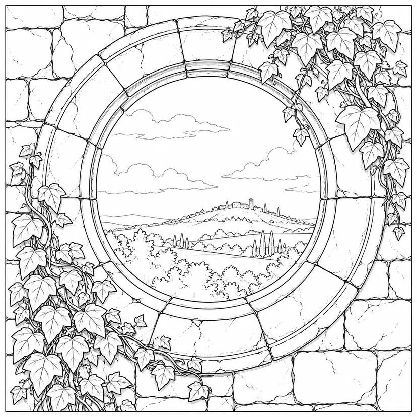 Coloriage Fenêtre ronde couverte de lierre