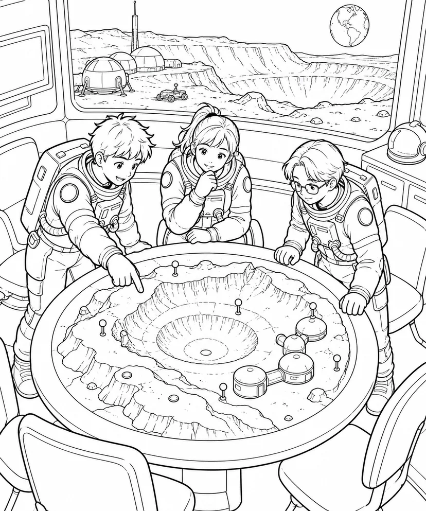 月のクレーター基地：地形模型と作戦会議の塗り絵