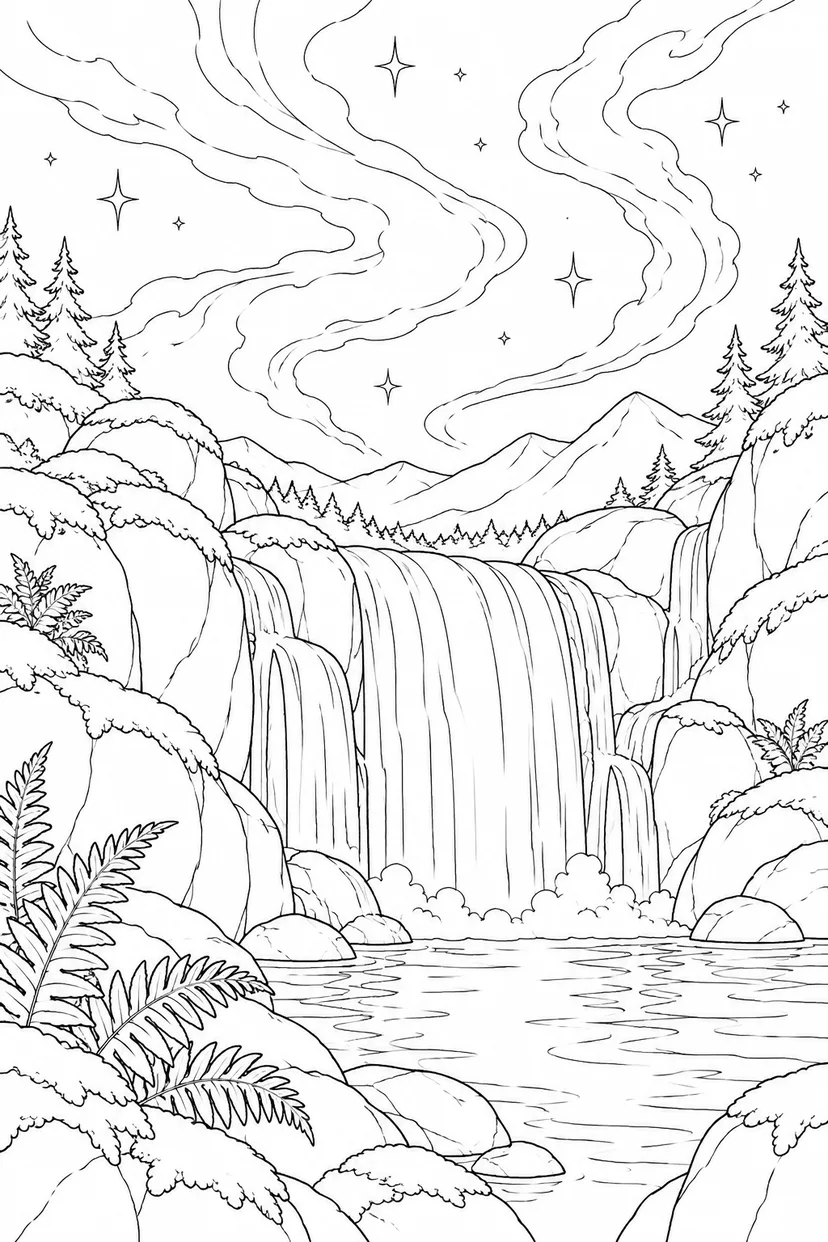 苔むした滝壺と星雲のゆらめきの塗り絵