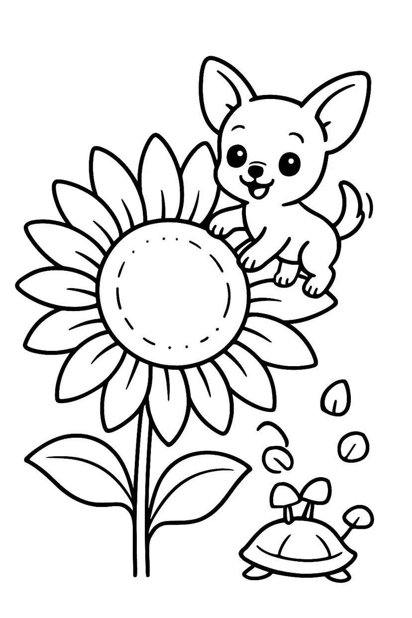 Dibujo de Aventura de un Cachorro y un Girasol para colorear