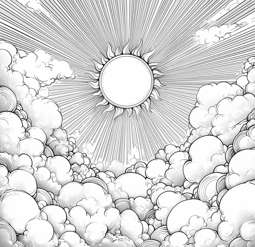 Dibujo de Cielo de Fantasía con Nubes y Sol para colorear