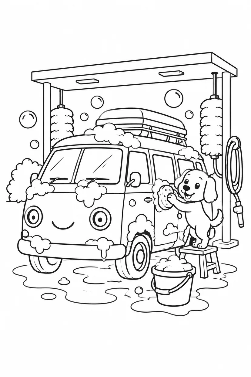 キャンピングカーと洗車場の塗り絵