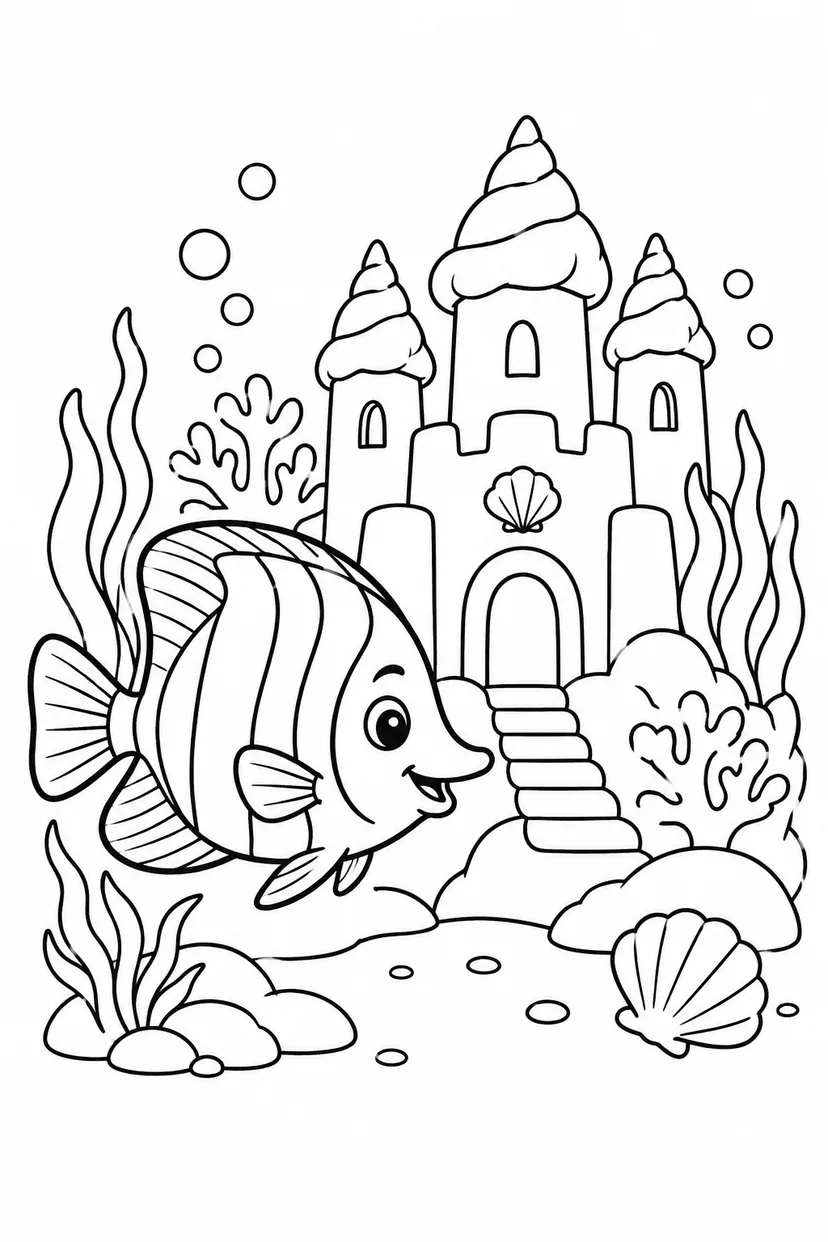 チョウチョウウオとサンゴのお城の塗り絵
