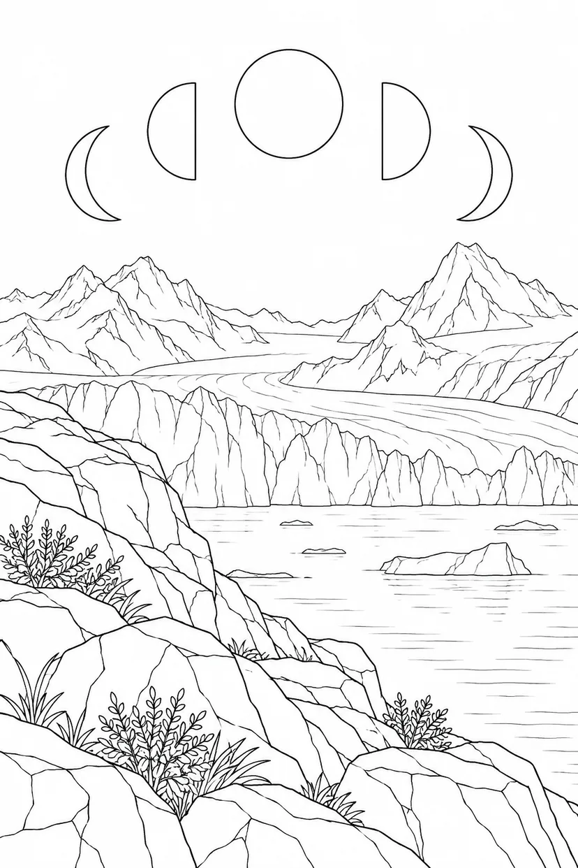 氷河と岩の岬と月の満ち欠けの塗り絵