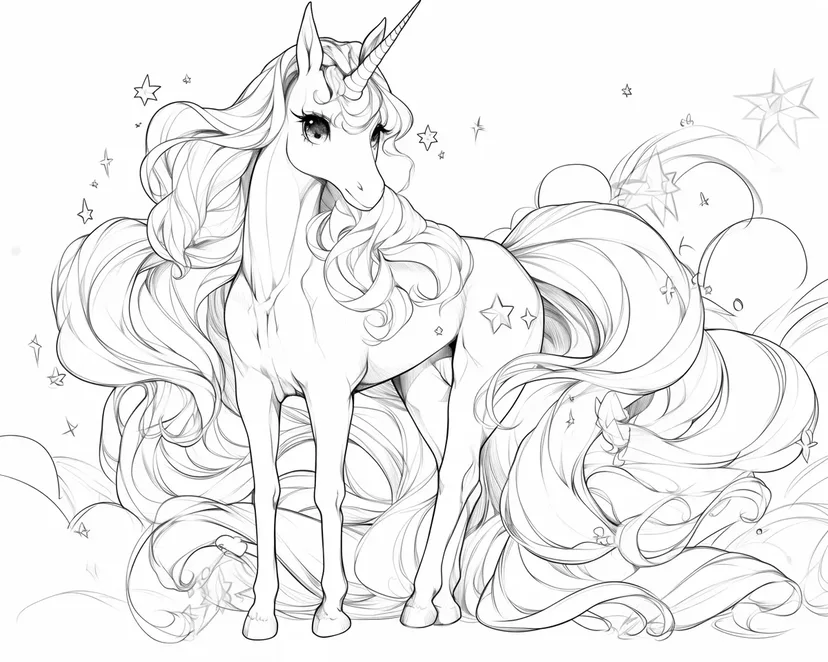 星と雲に囲まれたユニコーンの塗り絵