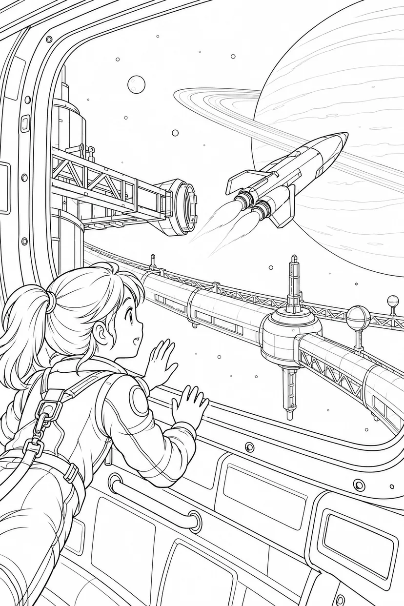 環のある惑星の軌道基地：小型宇宙船の発進の塗り絵