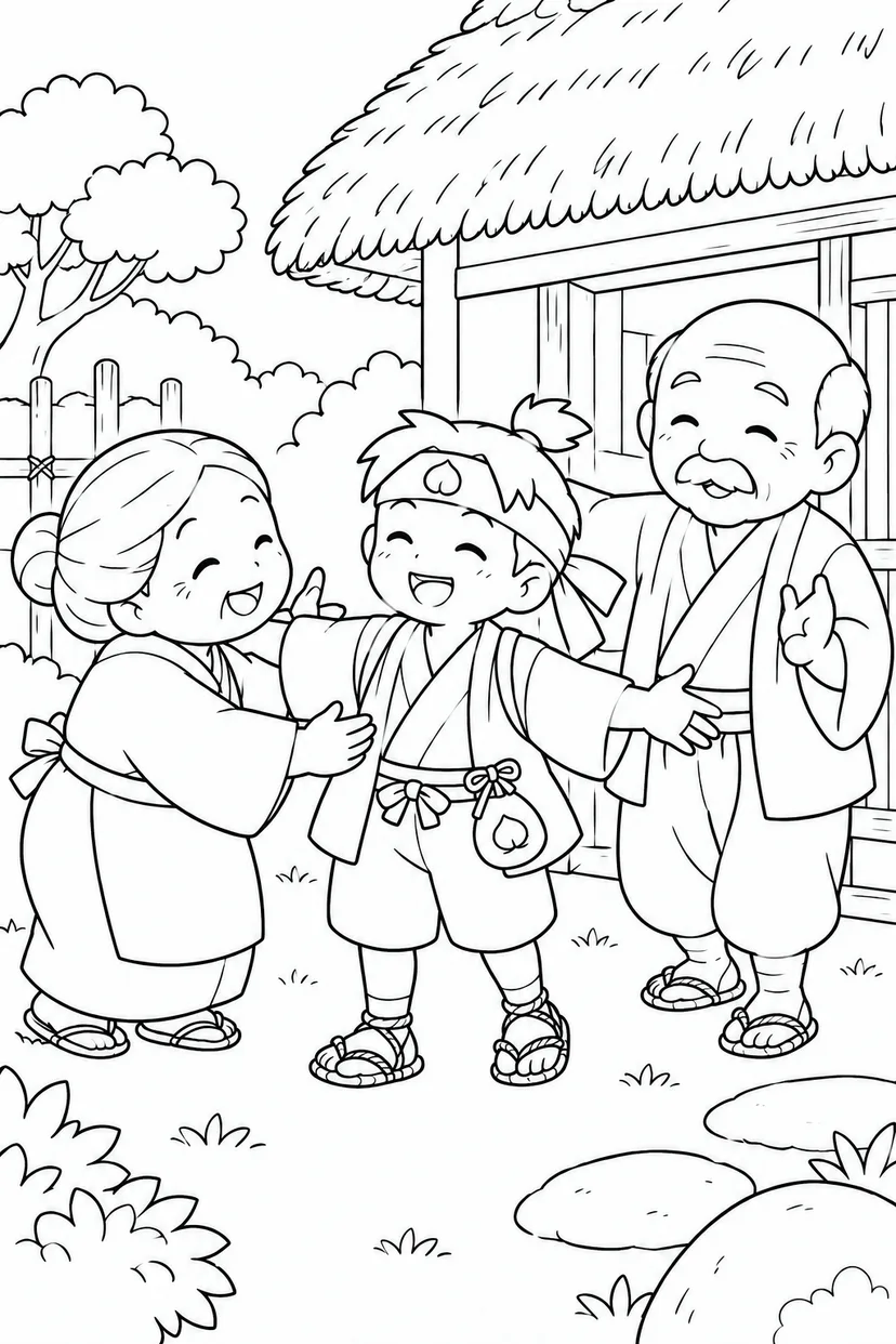 ほっこり桃太郎：桃太郎のただいまの塗り絵