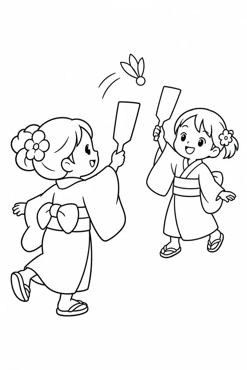 お正月と羽根つきの塗り絵