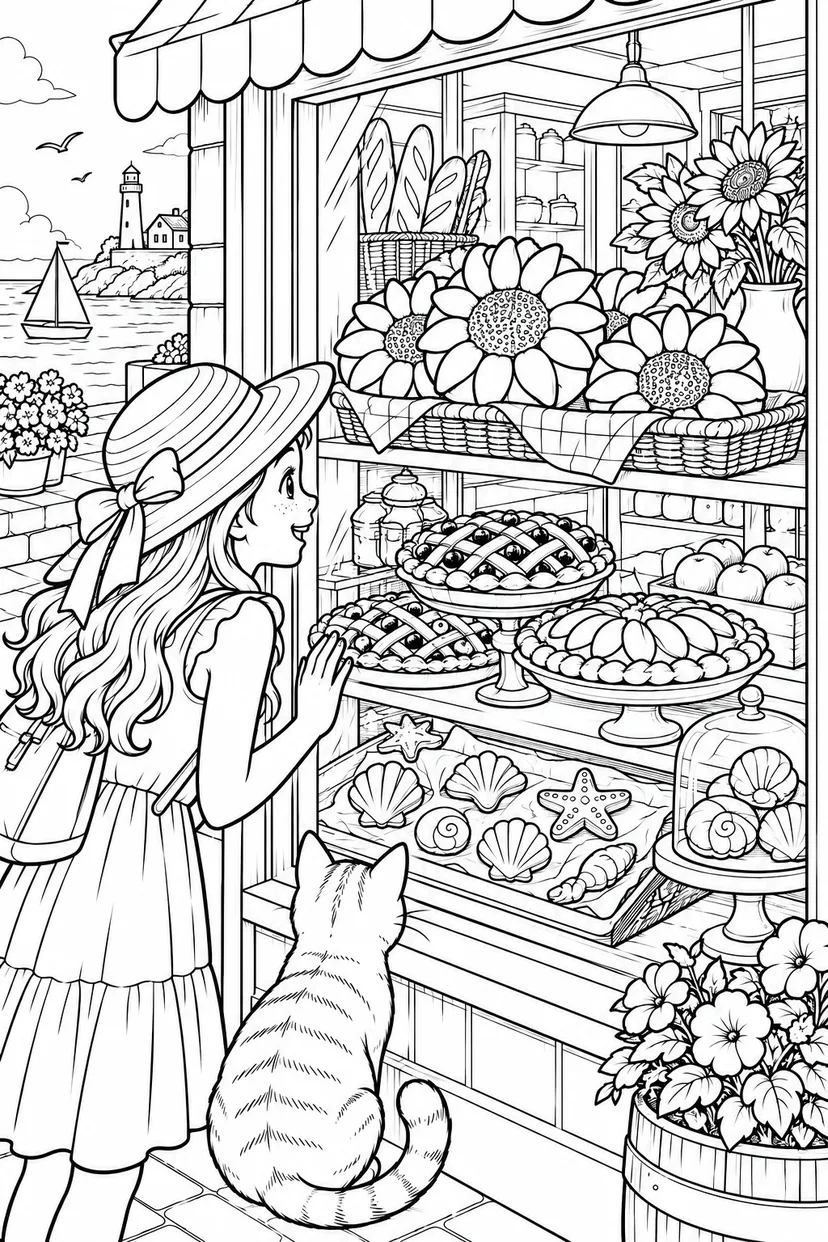 夏のパン屋さんの飾り窓の塗り絵