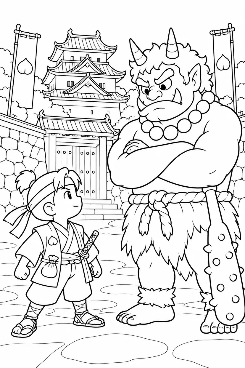 ほっこり桃太郎：桃太郎と鬼の大将の塗り絵