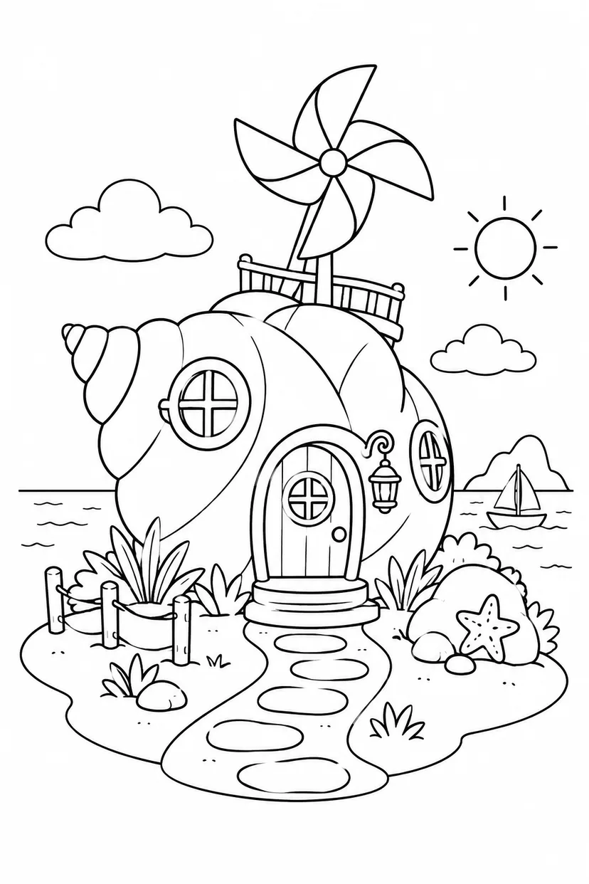 貝がらのおうちの屋根の風車の塗り絵