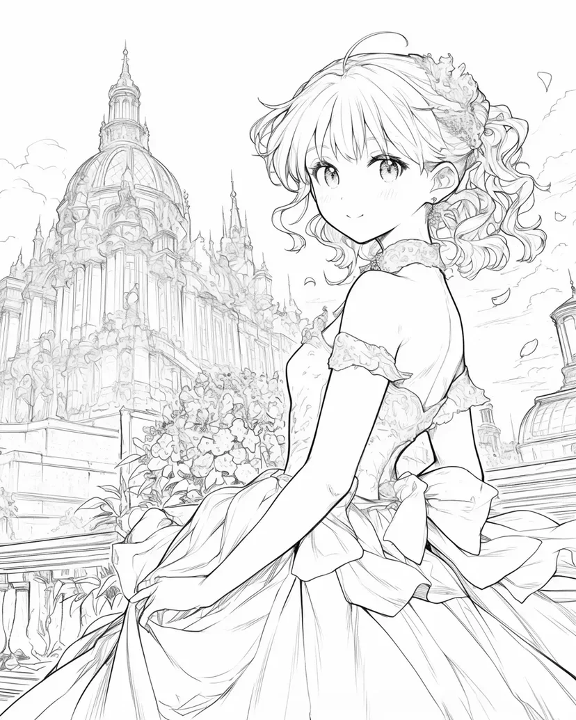 華やかなドレスの少女の塗り絵