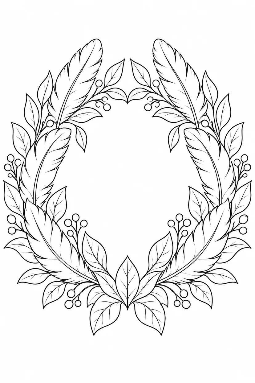 羽根と葉でできた左右対称の輪の塗り絵