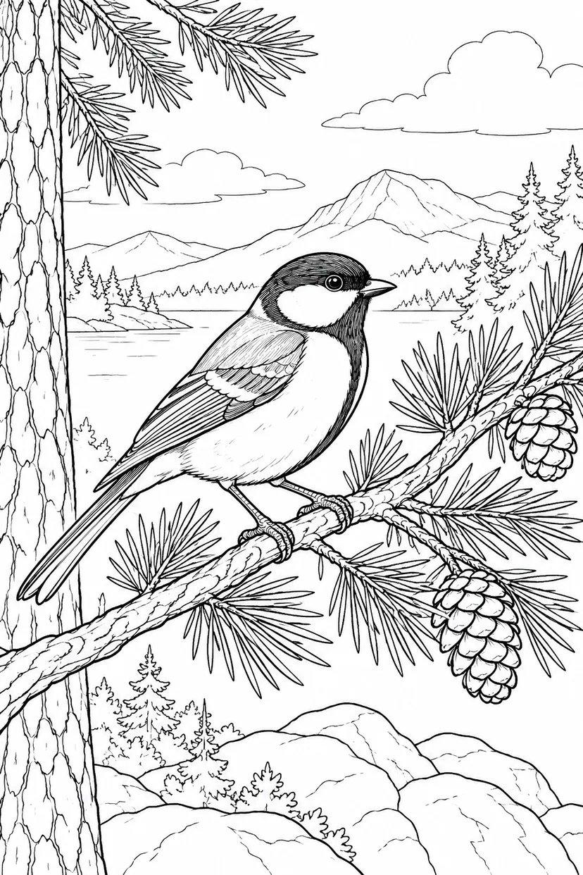 自然のひとこま：シジュウカラと松の枝の塗り絵