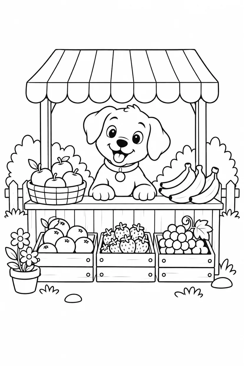 こいぬの果物屋さんの屋台の塗り絵
